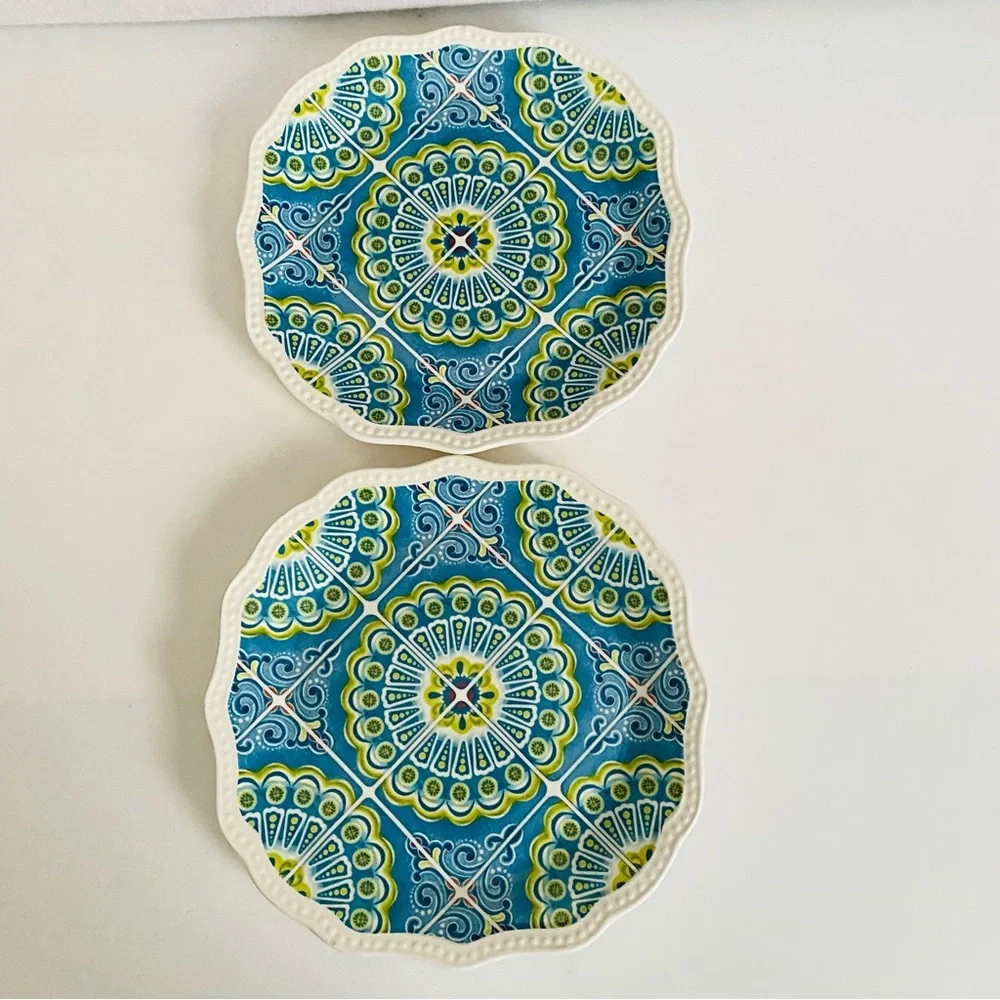 Pier 1 Imports Set of 2 Atlas Salad Plates Scalloped Edges Geometric Pattern